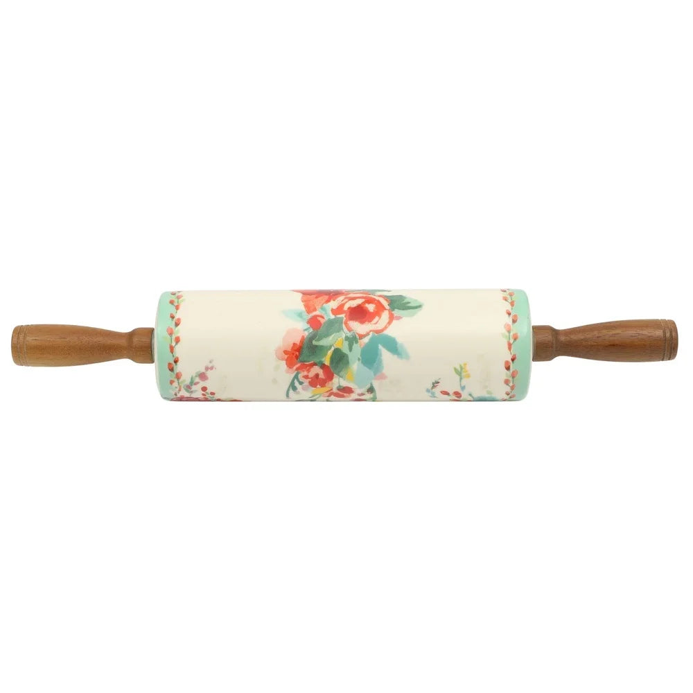 FloraRoll – Ceramic Rolling Pin & Acacia Wood Holder Set