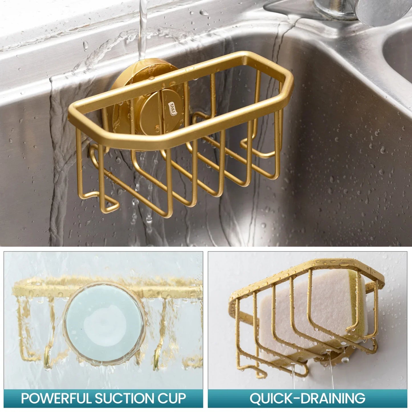 SinkAura – Gold Aluminum Suction Sponge Holder