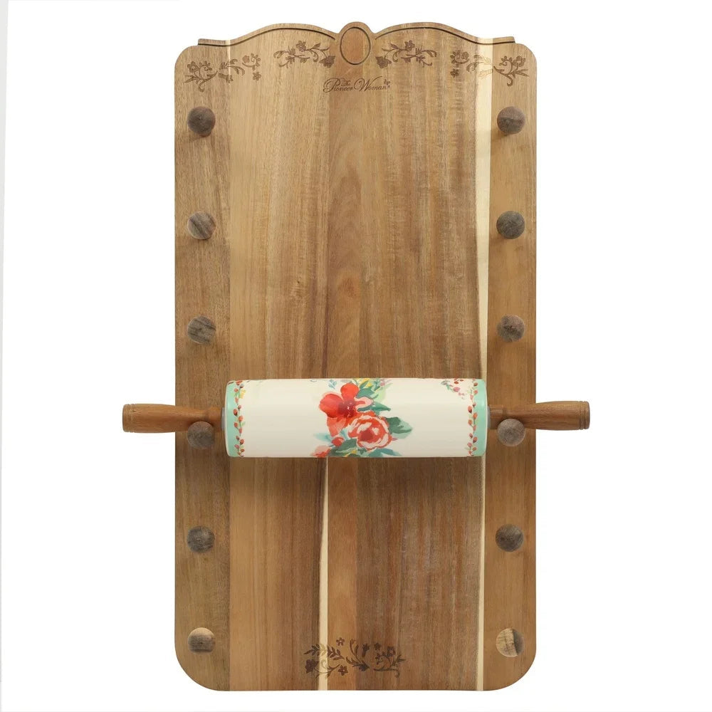 FloraRoll – Ceramic Rolling Pin & Acacia Wood Holder Set