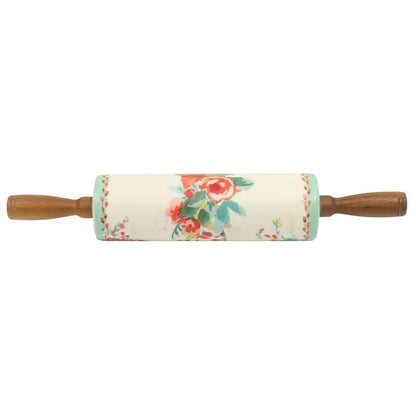 FloraRoll – Ceramic Rolling Pin & Acacia Wood Holder Set