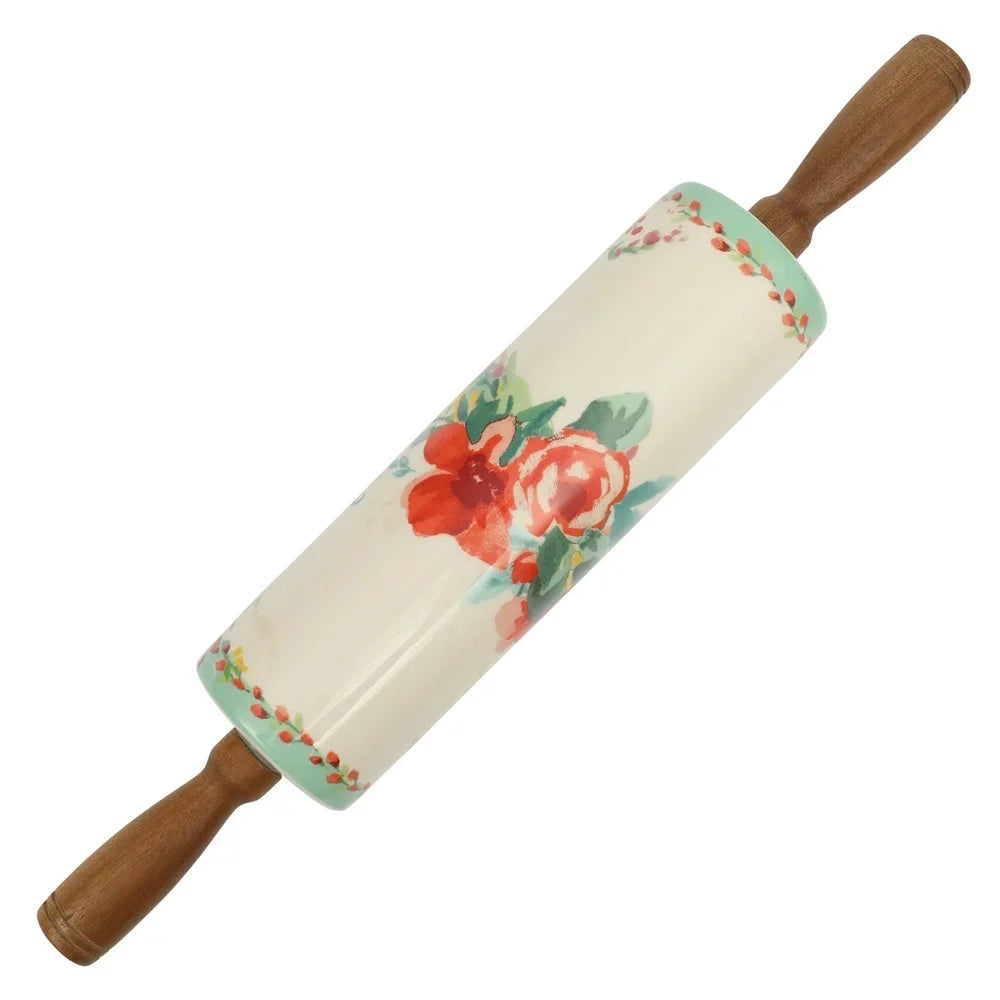 FloraRoll – Ceramic Rolling Pin & Acacia Wood Holder Set