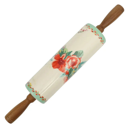 FloraRoll – Ceramic Rolling Pin & Acacia Wood Holder Set