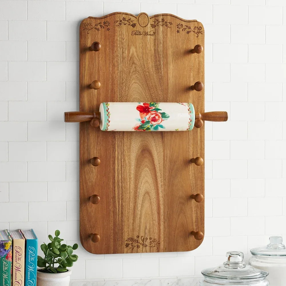 FloraRoll – Ceramic Rolling Pin & Acacia Wood Holder Set