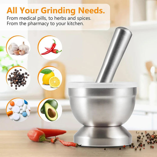 GrindVaulta – Stainless Steel Mortar & Pestle Set with Lid